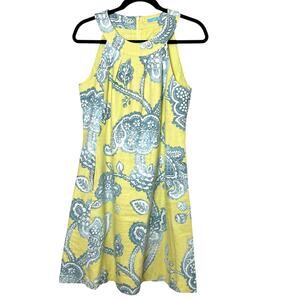 J. McLaughlin Linen Sheath Dress Yellow Blue Floral Sz 4 Coastal Cottage